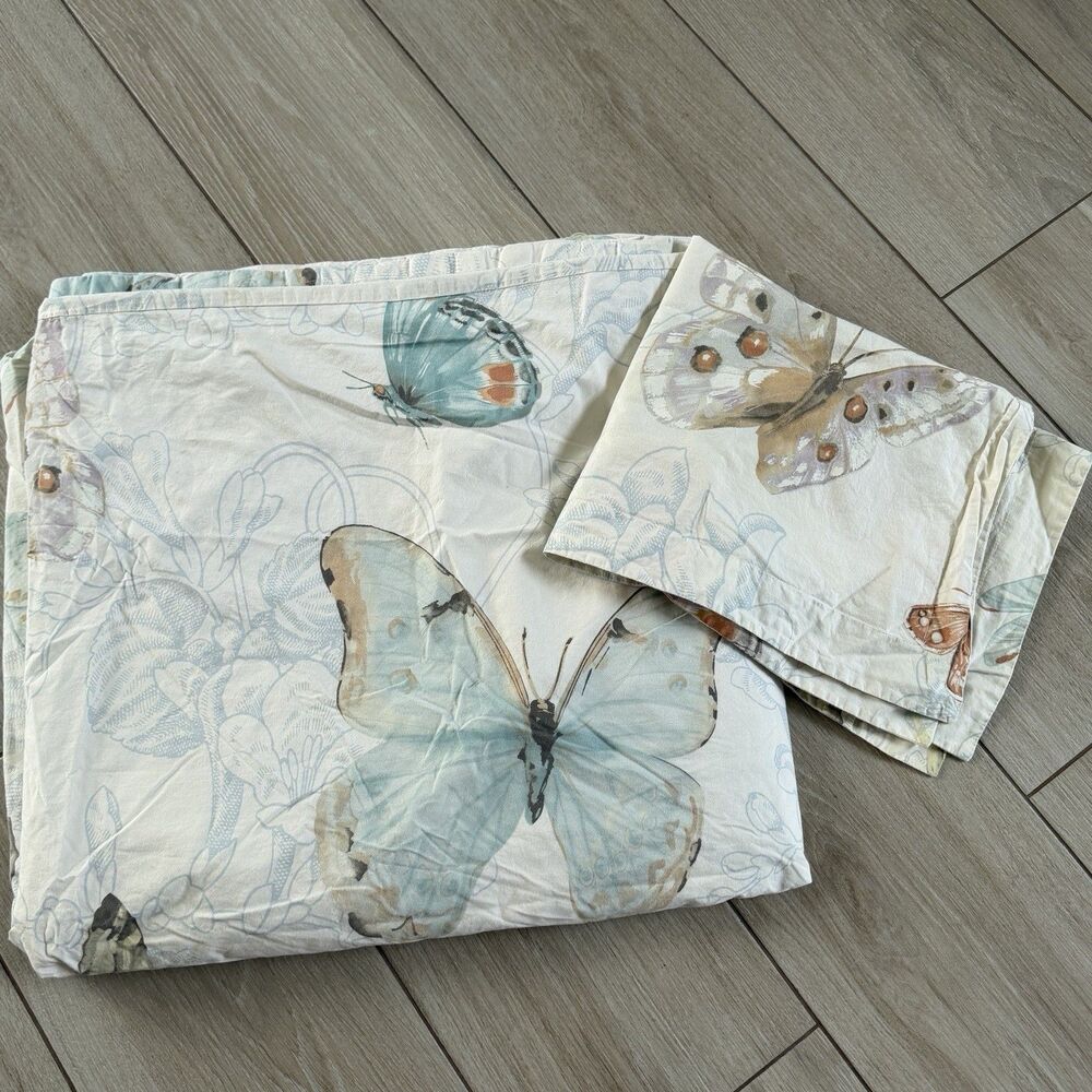 Pottery Barn Pastel Butterfly Duvet Cover Ivory Blue Queen + 1 Standard Sham